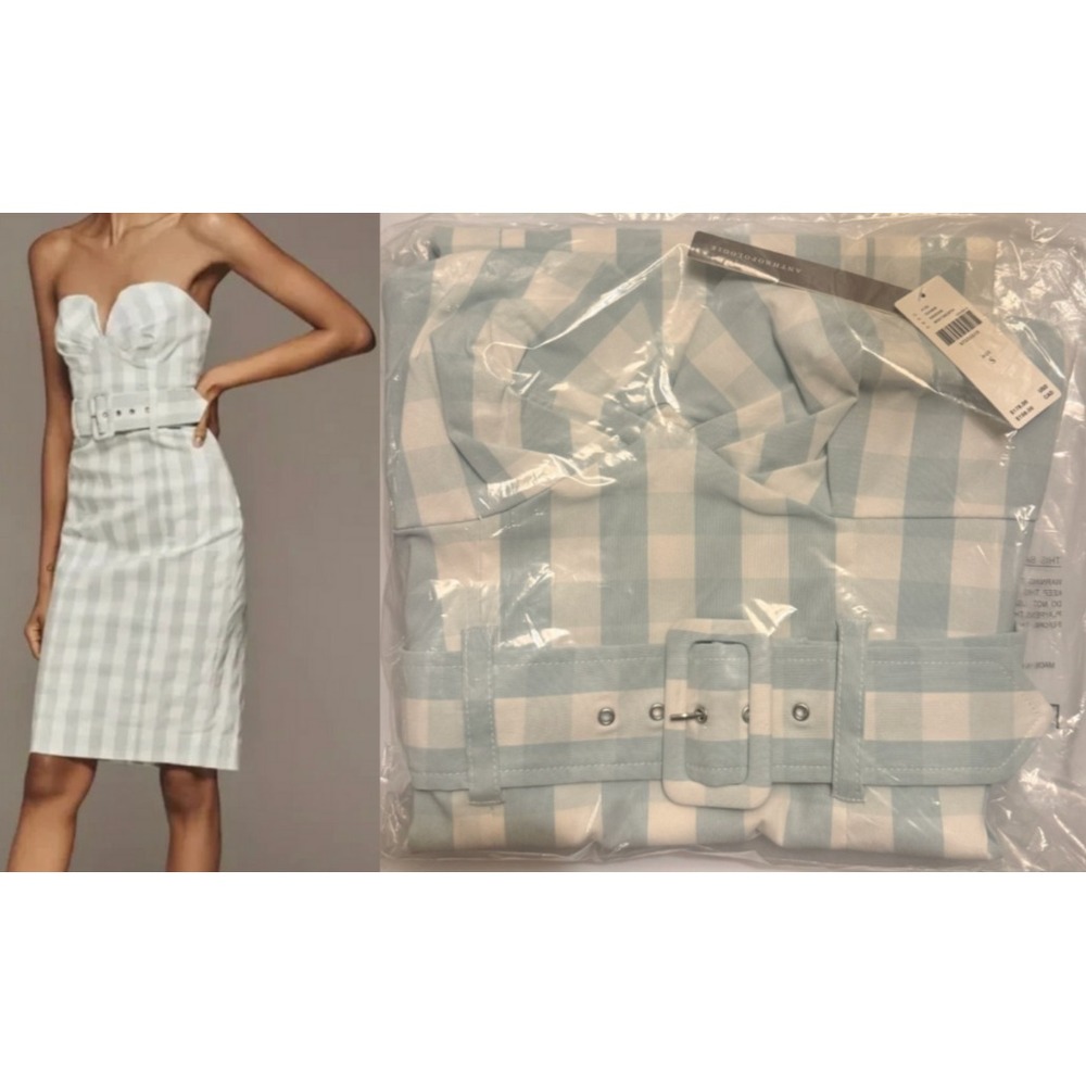 Maeve Women's Small Strapless Sweetheart Midi Dress Mint Green Belted Plaid $178